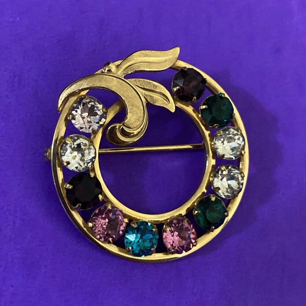 Vintage Van Dell 12k Gold Filled Circle Wreath Brooch Pin Multicolor Rhinestone